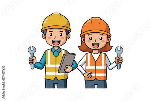 A cartoon of a male and female factory worker vector art illustration.eps
