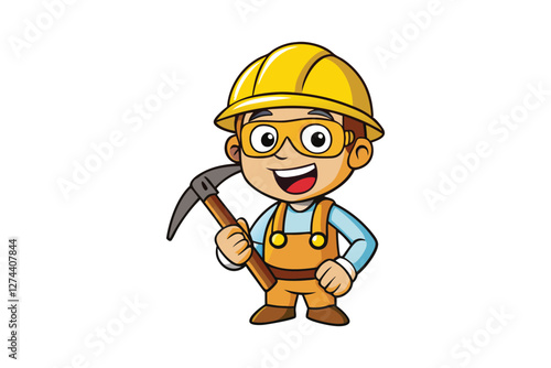 A cartoon of a miner in a yellow hard hat, safety goggles and holding a pickaxe vector art illustration.eps