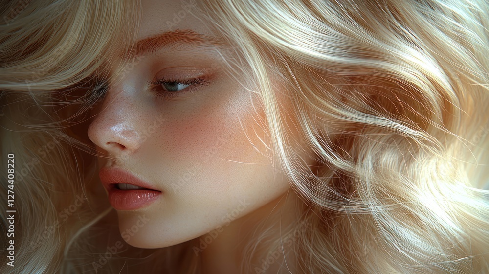 Naklejka premium Close-up portrait of a young woman with flowing blonde hair, showcasing soft features and natural beauty