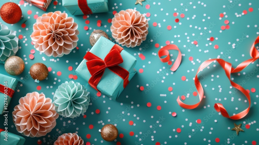 A turquoise background with gift boxes tied in velvet ribbons and surrounded by paper decorations A turquoise background with gift boxes tied in velvet ribbons and surrounded by paper decorations