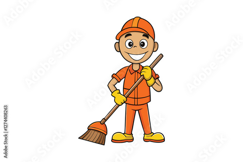 A cartoon of a street cleaner in an orange uniform vector art illustration.eps