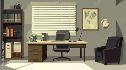 Home office, desk, work,  maps, globe, quiet background, productivity