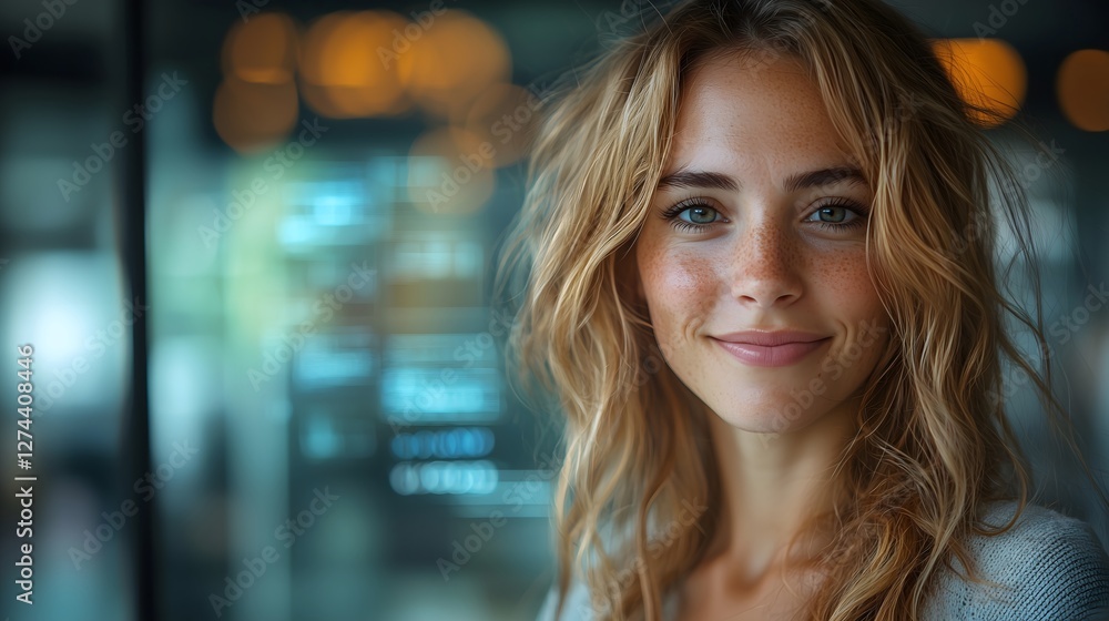 custom made wallpaper toronto digitalPortrait of smiling businesswoman with freckles in modern office setting