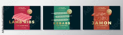 Lamb Ribs, Pork Kebab, Jamon Vector Packaging Label Design Templates Set. Product Banner, Hand Drawn Meat, Beef and Poultry Sketches. Food Background Layout with Gold Foil Isolated