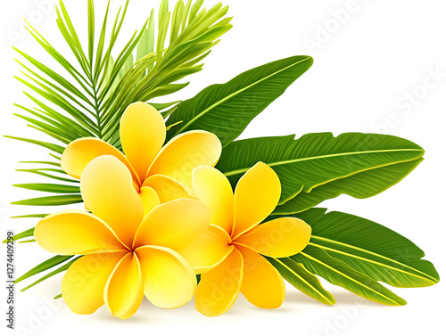 Tropical arrangement featuring yellow plumeria flowers with lush green banana and palm leaves.