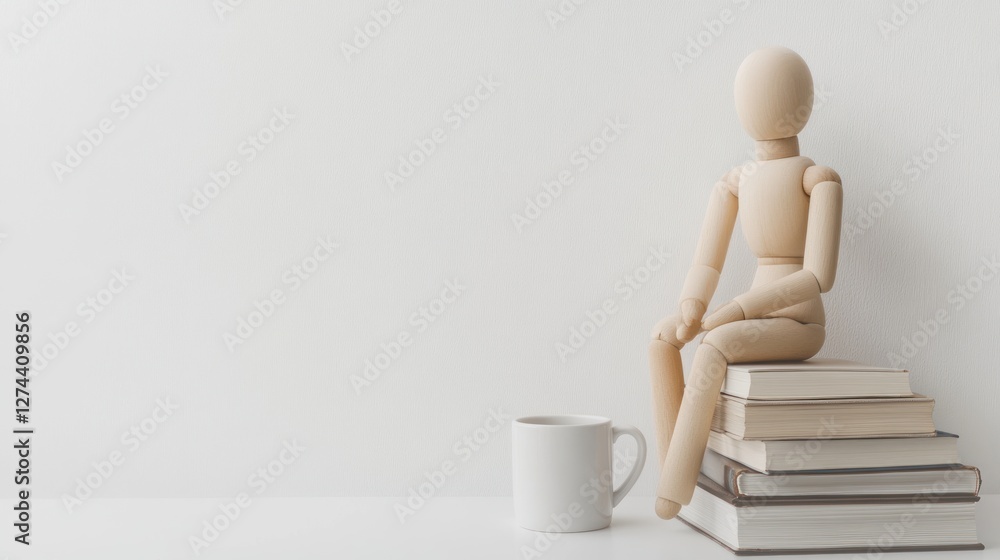 Wooden mannequin sits on books, coffee mug, white background; education, learning concept Wooden mannequin sits on books, coffee mug, white background; education, learning concept
