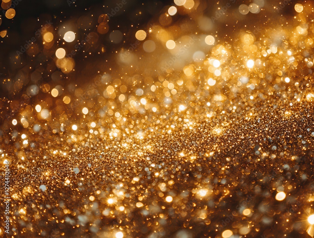 Obraz premium Sparkling Gold Glitters with Shimmering Light Reflections Creating a Festive and Glamorous Background for Event Decoration and Special Occasions