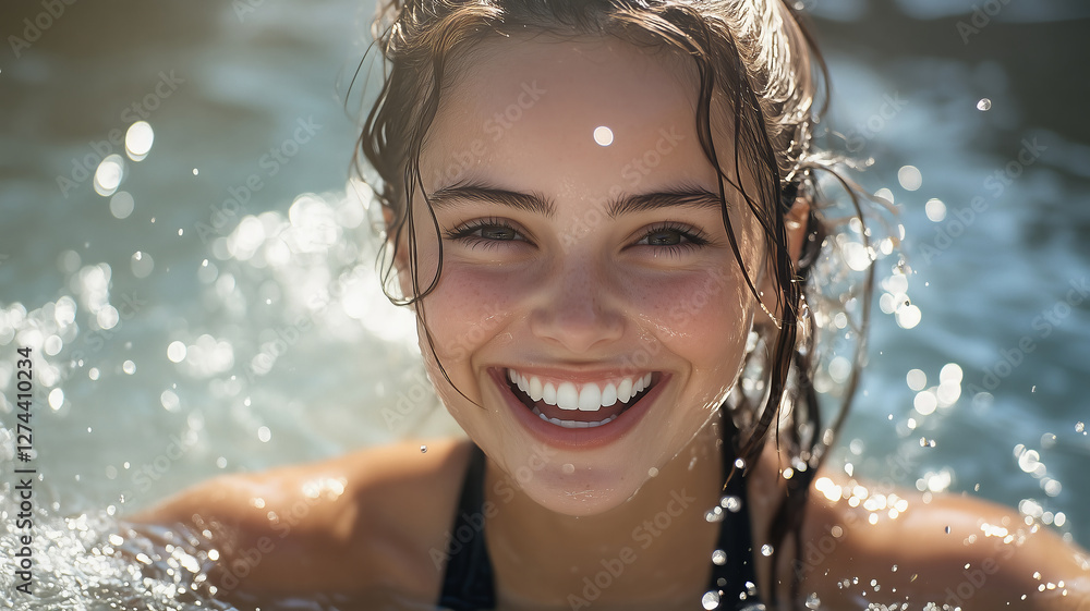 Obraz premium Joyful woman splashing in the sparkling water during a sunny beach day