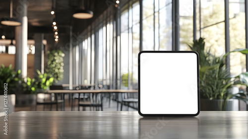 with a blank white screen inside a modern co-working space with large windows 