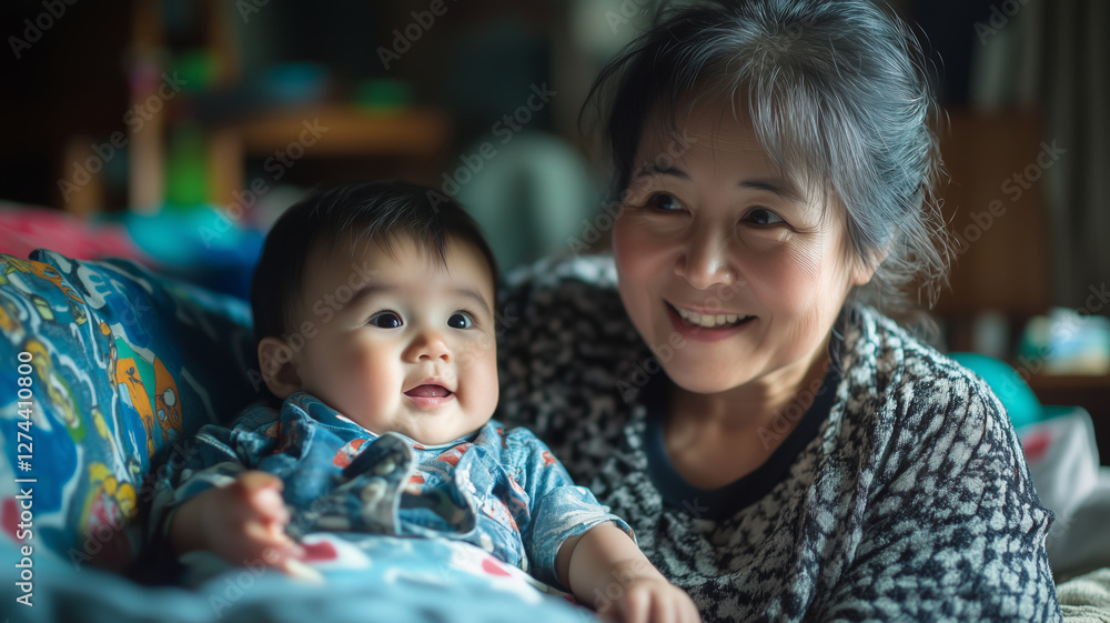 Joyful moments shared between mother and son on a cozy bed at home Joyful moments shared between mother and son on a cozy bed at home