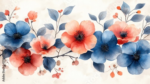 Vibrant watercolor floral arrangement featuring blue and orange flowers with delicate leaves on a soft background