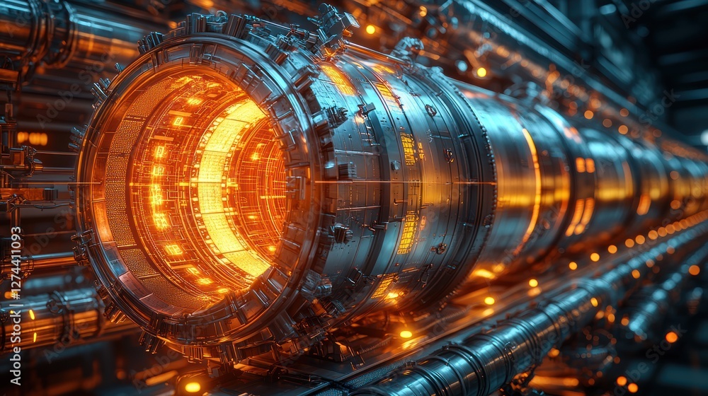 Futuristic energy reactor with glowing core surrounded by intricate metallic structures in a high-tech environment Futuristic energy reactor with glowing core surrounded by intricate metallic structures in a high-tech environment
