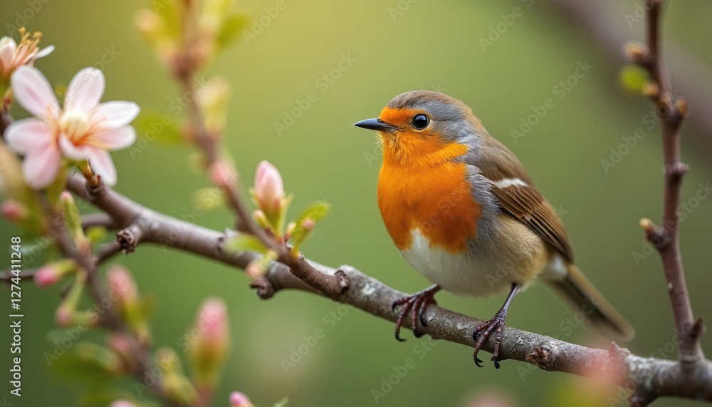 Close-up photo of european robin bird sitting on a branch with blurred spring flowers. Brown bird with orange breast is perched on tree twig in garden. Wildlife concept. Close-up photo of european robin bird sitting on a branch with blurred spring flowers. Brown bird with orange breast is perched on tree twig in garden. Wildlife concept.