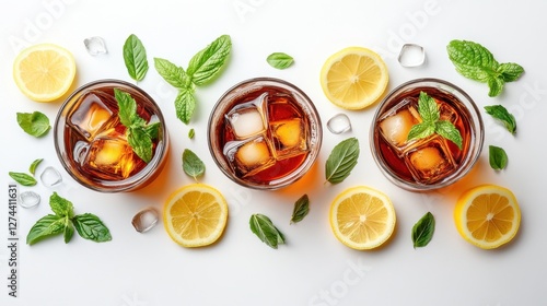 Wallpaper Mural Refreshing iced tea with lemon and mint leaves on a white background offering a cool and invigorating summer beverage experience with a clean aesthetic Torontodigital.ca