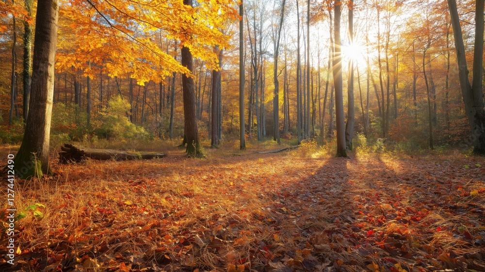 Fototapeta premium Autumn Forest Scene with Sunlight Filtering Through Golden Trees and Fallen Leaves
