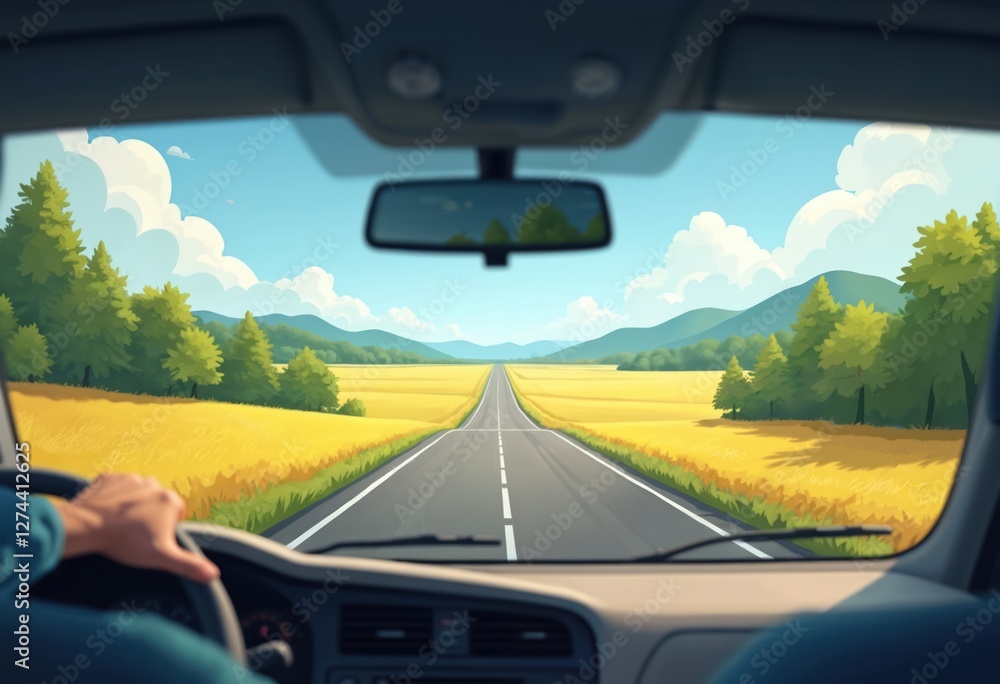 AI illustration from car windshield perspective of straight asphalt road through rich yellow fields with trees against blue sky with clouds. Driver holds steering wheel, mirror. Road trip in nature, AI illustration from car windshield perspective of straight asphalt road through rich yellow fields with trees against blue sky with clouds. Driver holds steering wheel, mirror. Road trip in nature,