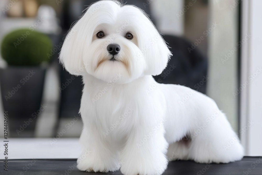 groomed Maltese dog, its pristine white coat radiating sophistication and charm. groomed Maltese dog, its pristine white coat radiating sophistication and charm.