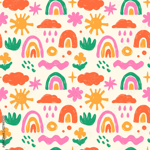 Seamless pattern of bright hand drawn children's drawings with rainbows, clouds, colours