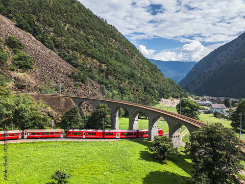 Aerial view of spiral viaduct of Rhaetian Railway, Grisons canton, Switzerland photo