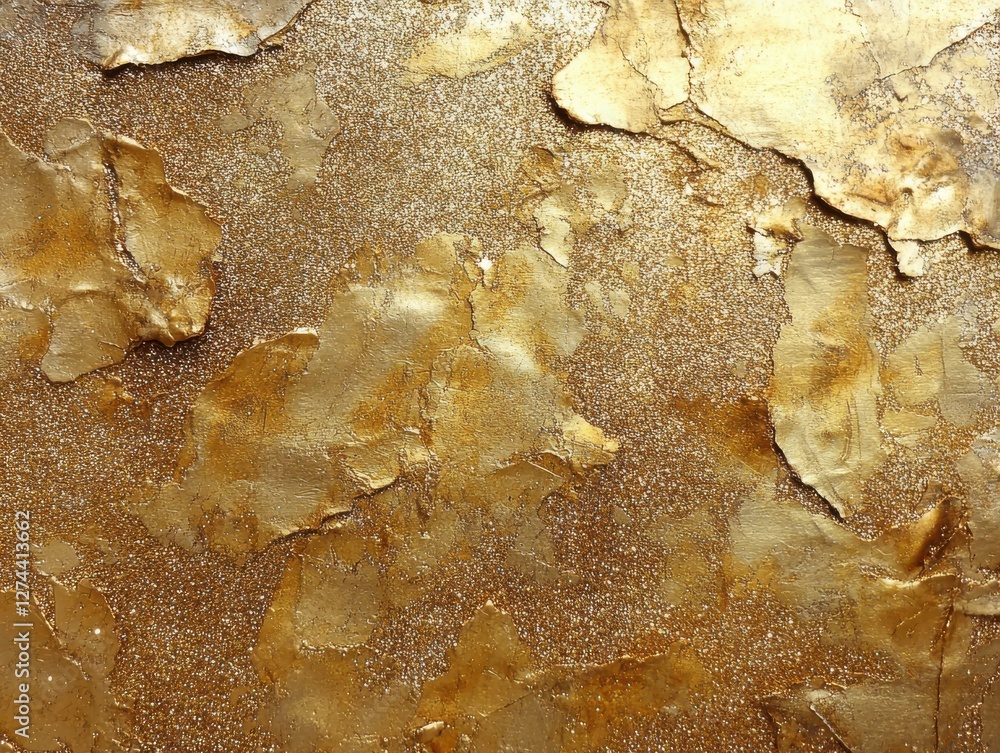 Textured golden surface with shimmering particles and uneven layers creates a luxurious backdrop for various creative and artistic projects.