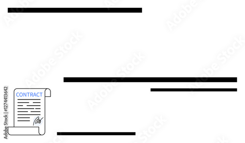 Contract document with signature symbolizing legal agreement. Ideal for business deals, partnerships, employment, legal binding, financial agreements, compliance, abstract line flat metaphor