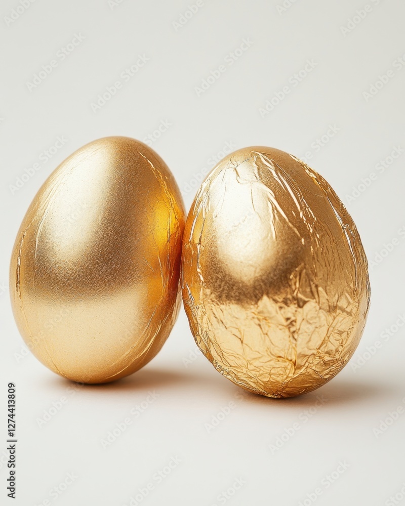 Two golden eggs on a white background symbolizing wealth prosperity and abundance with a minimalist style and bright lighting for stock photography Two golden eggs on a white background symbolizing wealth prosperity and abundance with a minimalist style and bright lighting for stock photography
