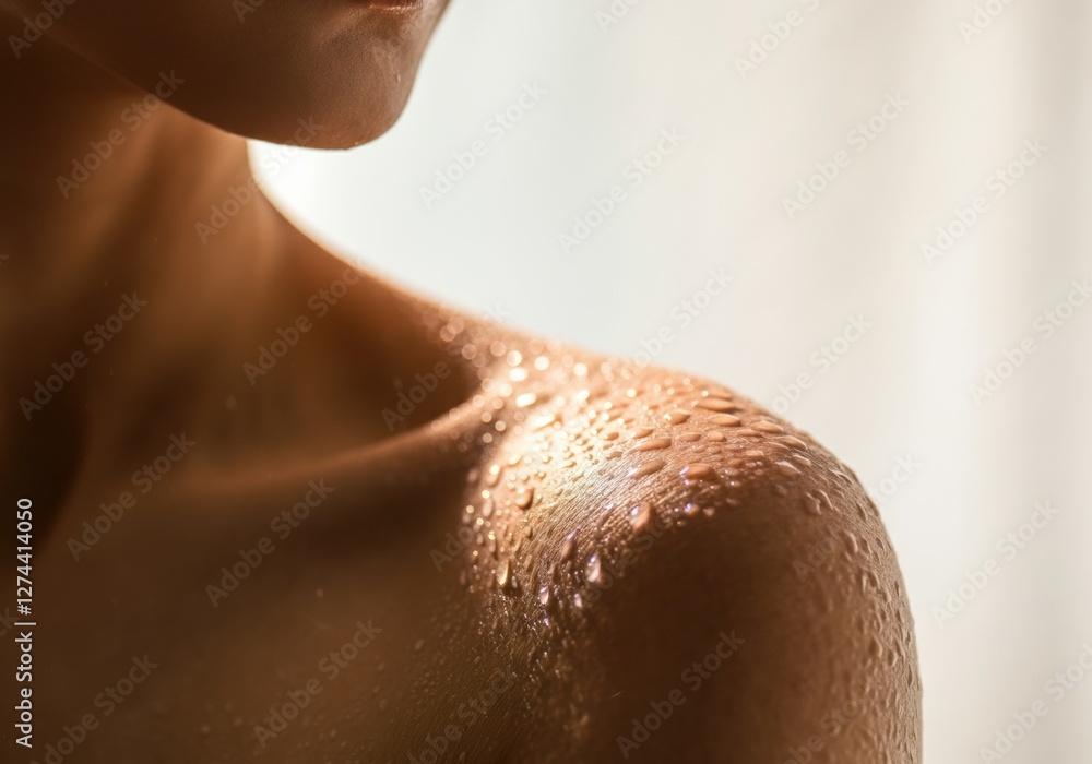 Fototapeta premium Close-up of a woman's shoulder with water droplets glistening on skin