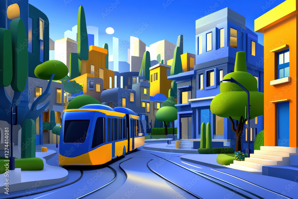 Obraz premium Colorful City with Modern Tram