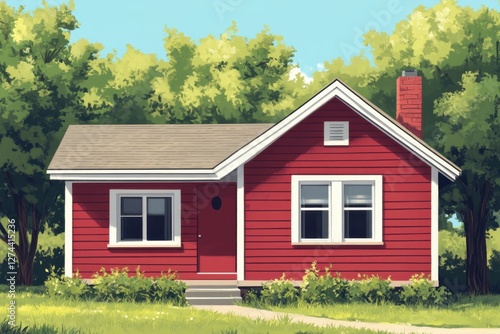 Wallpaper Mural Charming Red Cottage Surrounded by Lush Greenery Under a Bright Blue Sky Capturing the Essence of Serene Suburban Living Torontodigital.ca