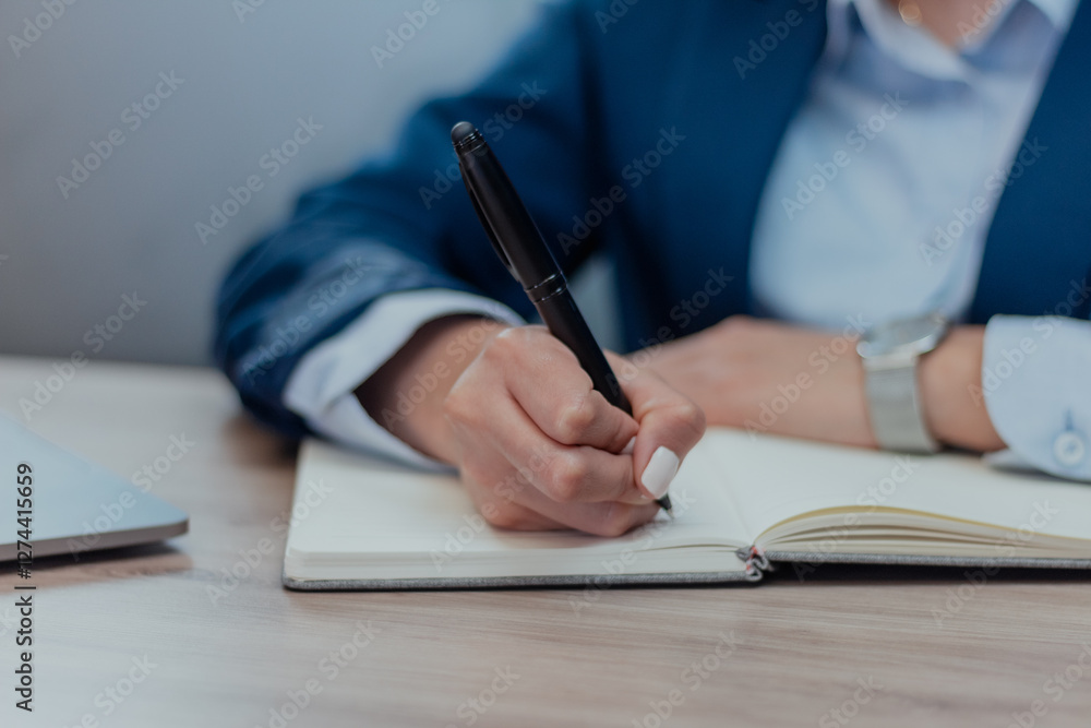 Mano de mujer ejecutiva escribiendo en una libreta durante una reunión de negocios Mano de mujer ejecutiva escribiendo en una libreta durante una reunión de negocios