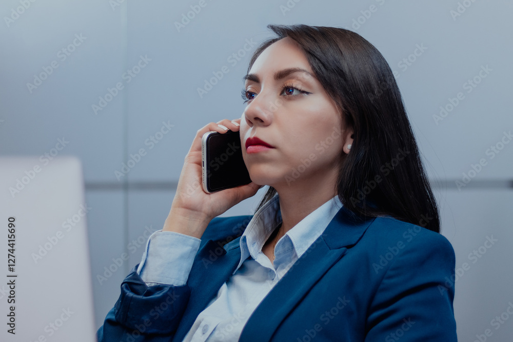 Mujer latina de negocios en llamada telefónica en la oficina Mujer latina de negocios en llamada telefónica en la oficina