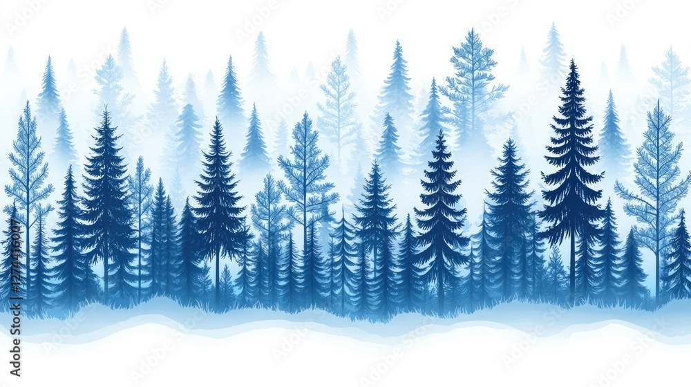 Fototapeta premium Blue Silhouette Pine Trees Winter Forest Scene