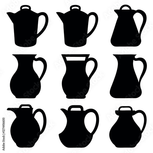 Collection of Black and White Silhouettes of Various Coffee and Tea Vessels