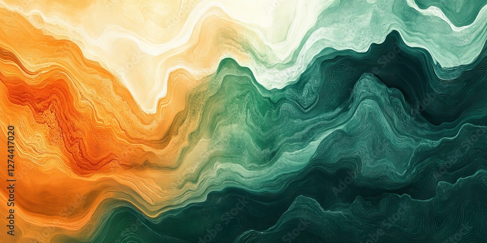 Obraz premium an abstract artwork features a dynamic blend of orange, yellow, and green hues, creating a flowing and artistic design