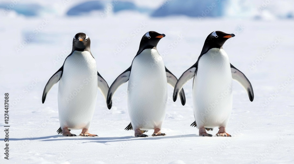 Obraz premium Group of Penguins Waddling Across Icy Terrain in Antarctica