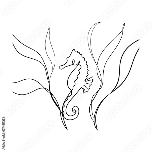 Sea Horse Line Art Drawing, Ocean Wildlife, Aquatic Life, Underwater Scene
