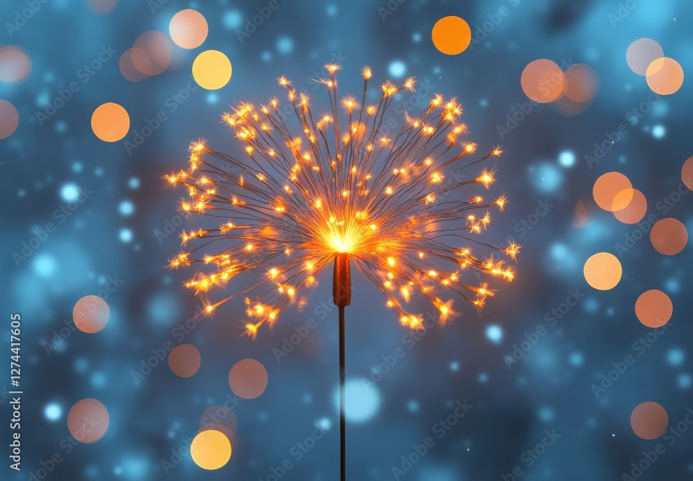 Obraz premium Vibrant Sparkler Against Soft Blue Background with Colorful Bokeh Effect for Celebrations and Festive Occasions