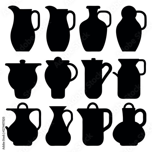 Collection of Black and White Silhouettes of Various Coffee and Tea Vessels