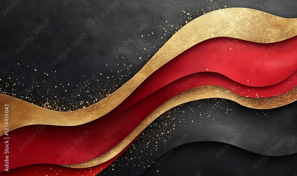 Abstract wave design featuring red, gold, and black colors, conveying elegance and luxury Abstract wave design featuring red, gold, and black colors, conveying elegance and luxury