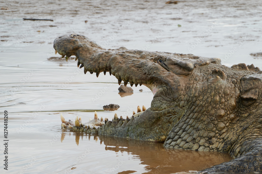Jaco, Costa Rica - November 21, 2024 - american crocodile, Crocodilus acutus, in the banks of Tarcoles river, in Puntarenas province