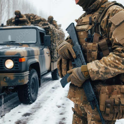 Amidst a blanket of fresh snow, soldiers clad in winter camouflage gear stand alert beside heavily loaded military vehicles, ready for their next mission in a secluded location photo