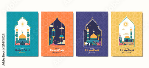 Set of modern style Islamic windows and arches with modern boho design, mosque dome and lanterns
