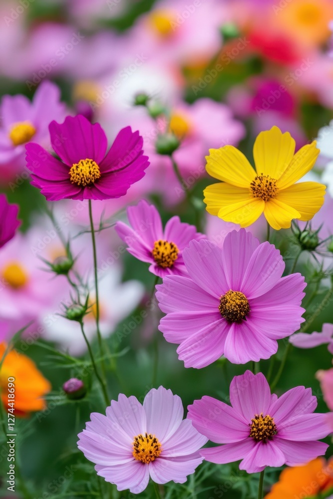 Vibrant cosmos flowers in full bloom creating a colorful floral tapestry with a shallow depth of field for a dreamy effect Vibrant cosmos flowers in full bloom creating a colorful floral tapestry with a shallow depth of field for a dreamy effect