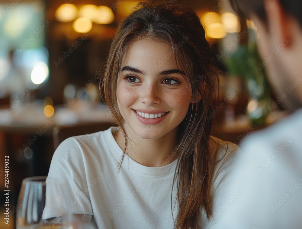 Obraz premium Young woman smiling warmly while engaging in conversation at a cozy restaurant, showcasing connection and joy in a relaxed dining atmosphere