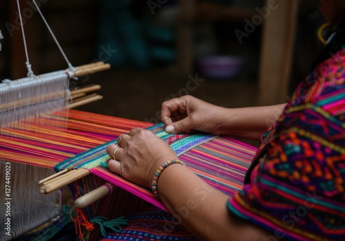 Traditional weaving hands in colorful textile workshop