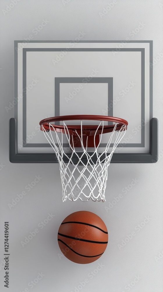 Basketball hoop with net and orange ball against a textured gray wall in a vertical studio shot with soft lighting and a minimalist style Basketball hoop with net and orange ball against a textured gray wall in a vertical studio shot with soft lighting and a minimalist style
