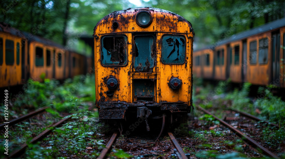 Obraz premium A nostalgic, rusty vintage train sits forgotten in a lush, overgrown forest, evoking a sense of nostalgia and the passage of time amidst nature's reclamation.