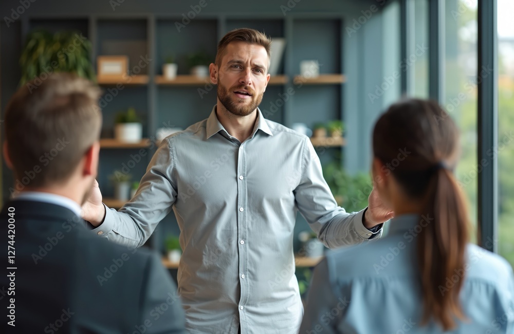 Confident businessman explains problem to his colleagues. Man wearing button down shirt with sleeves rolled up makes a presentation, talks about challenge at work. Team resolves conflict. Confident businessman explains problem to his colleagues. Man wearing button down shirt with sleeves rolled up makes a presentation, talks about challenge at work. Team resolves conflict.