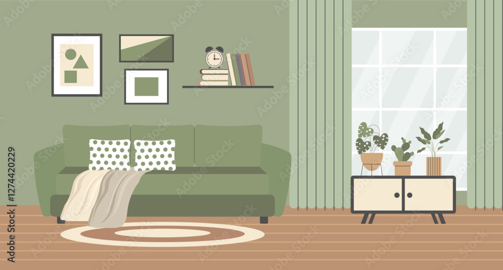 Fototapeta premium Living room interior with sofa, bookshelf, coffee table, home plants and picture frames. Modern design, illustration in flat style.