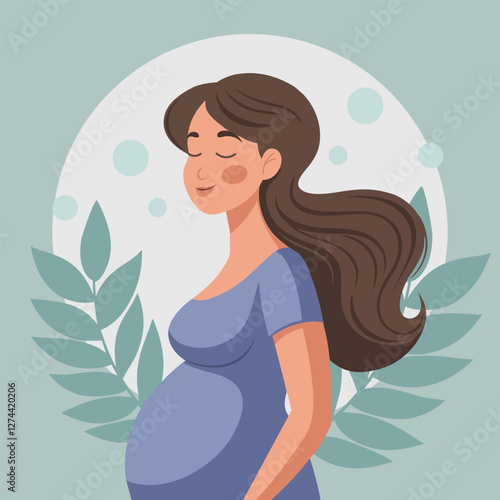 Happy pregnant woman with long hair, future mom. Illustration in flat style